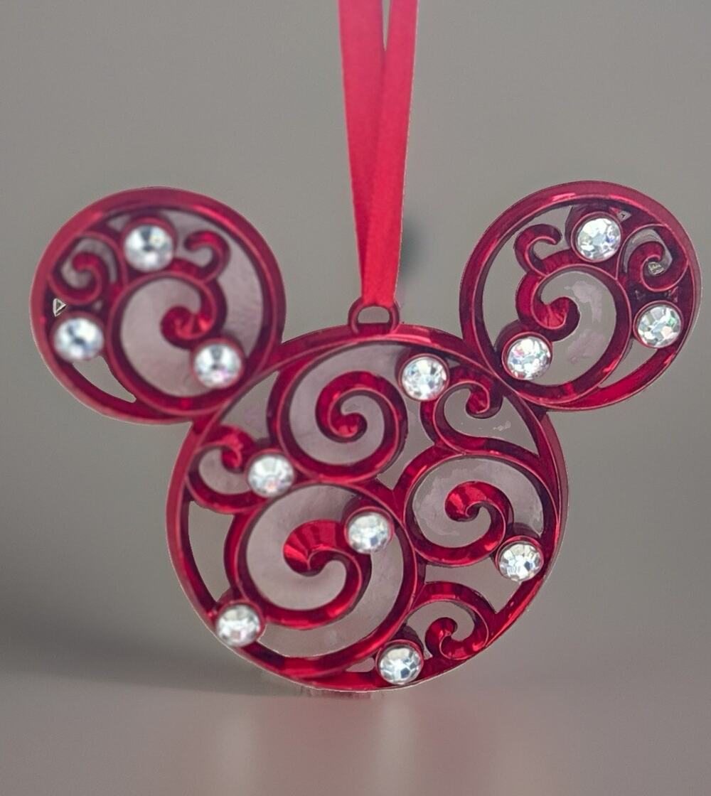 Disney Mickey Mouse Head Red Swirl Rhinestone Hanging Ornament